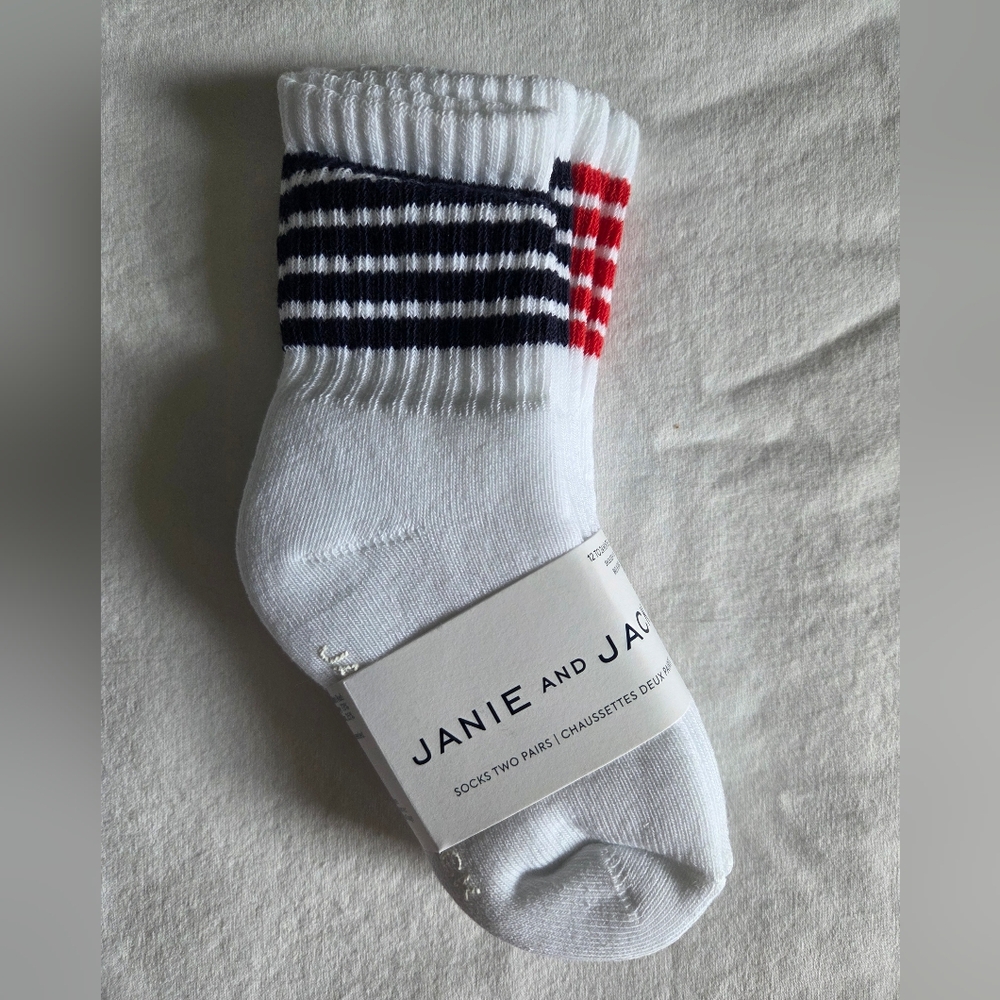 Janie and Jack White Socks with Navy and Red Stripes